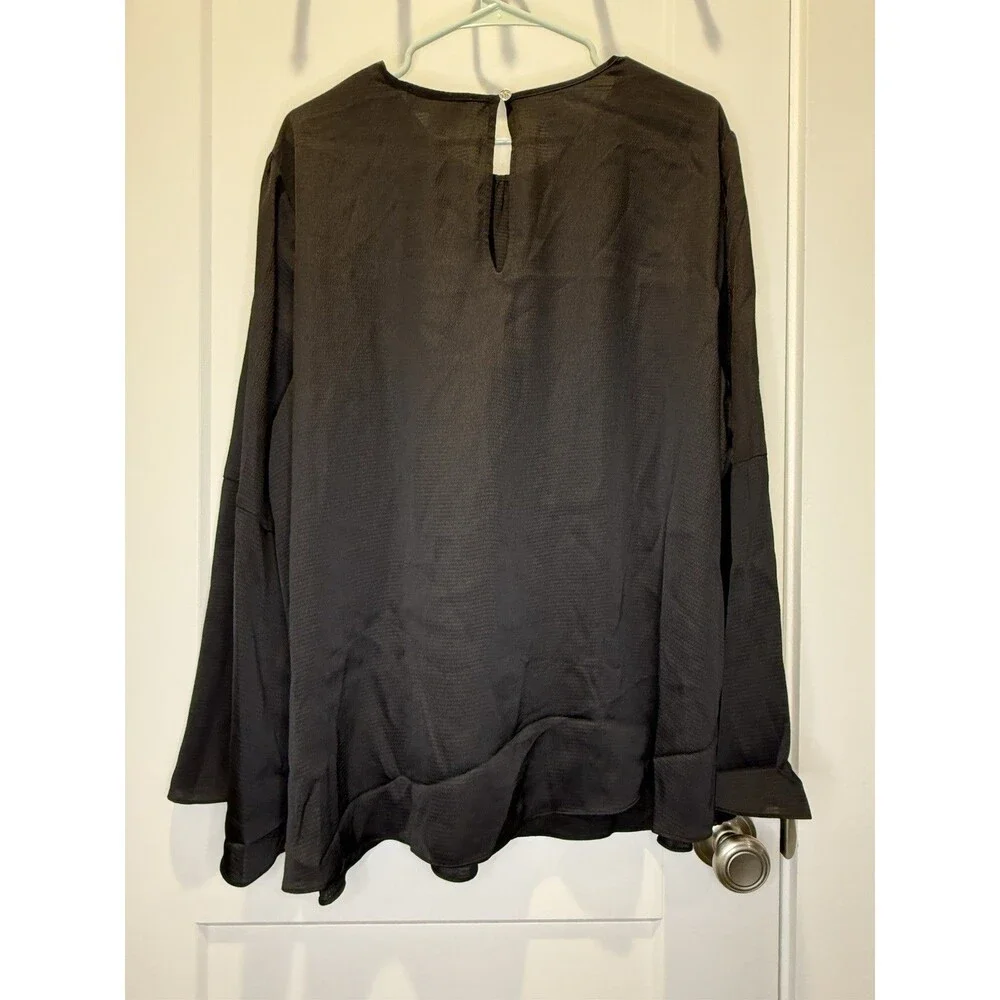 Women’s Michael Kors Black Satin Textured Blouse Long Bell Flared Sleeve Plus 2X